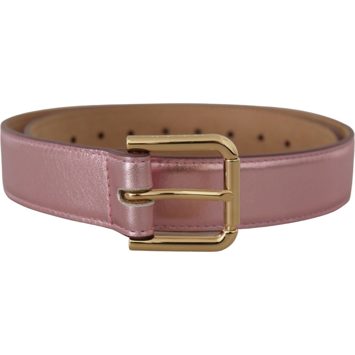 Dolce & Gabbana Metallic Pink Polished Leather Logo Metal Buckle Belt