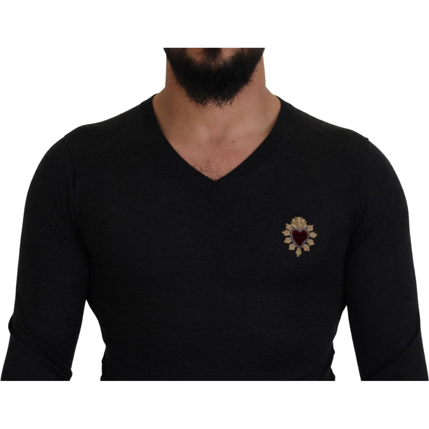 Dolce & Gabbana V-Neck Cashmere Sweater with Heart Embroidery Dolce & Gabbana