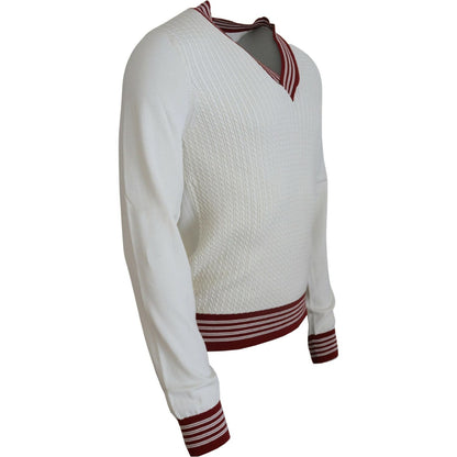 Dolce & Gabbana White Red Knitted V-neck Pullover Sweater