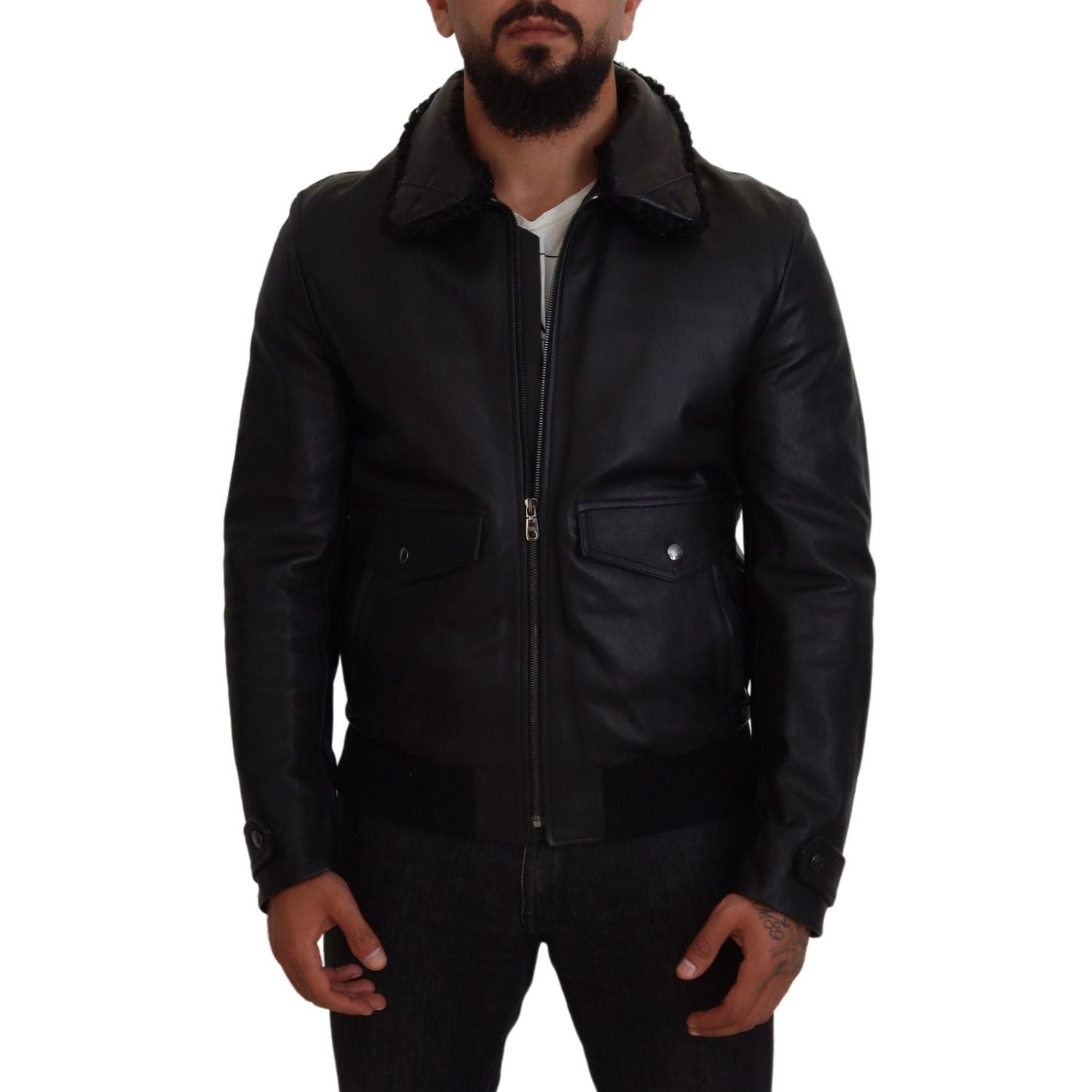 Dolce & Gabbana Black Lamb Leather Collared Men Coat Jacket