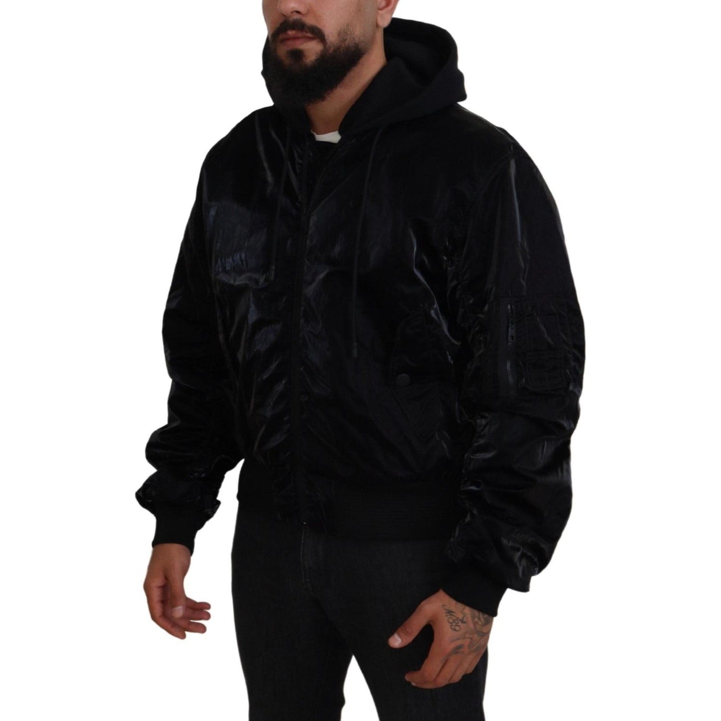 Dolce & Gabbana Black Nylon Hooded Full Zip Bomber Jacket