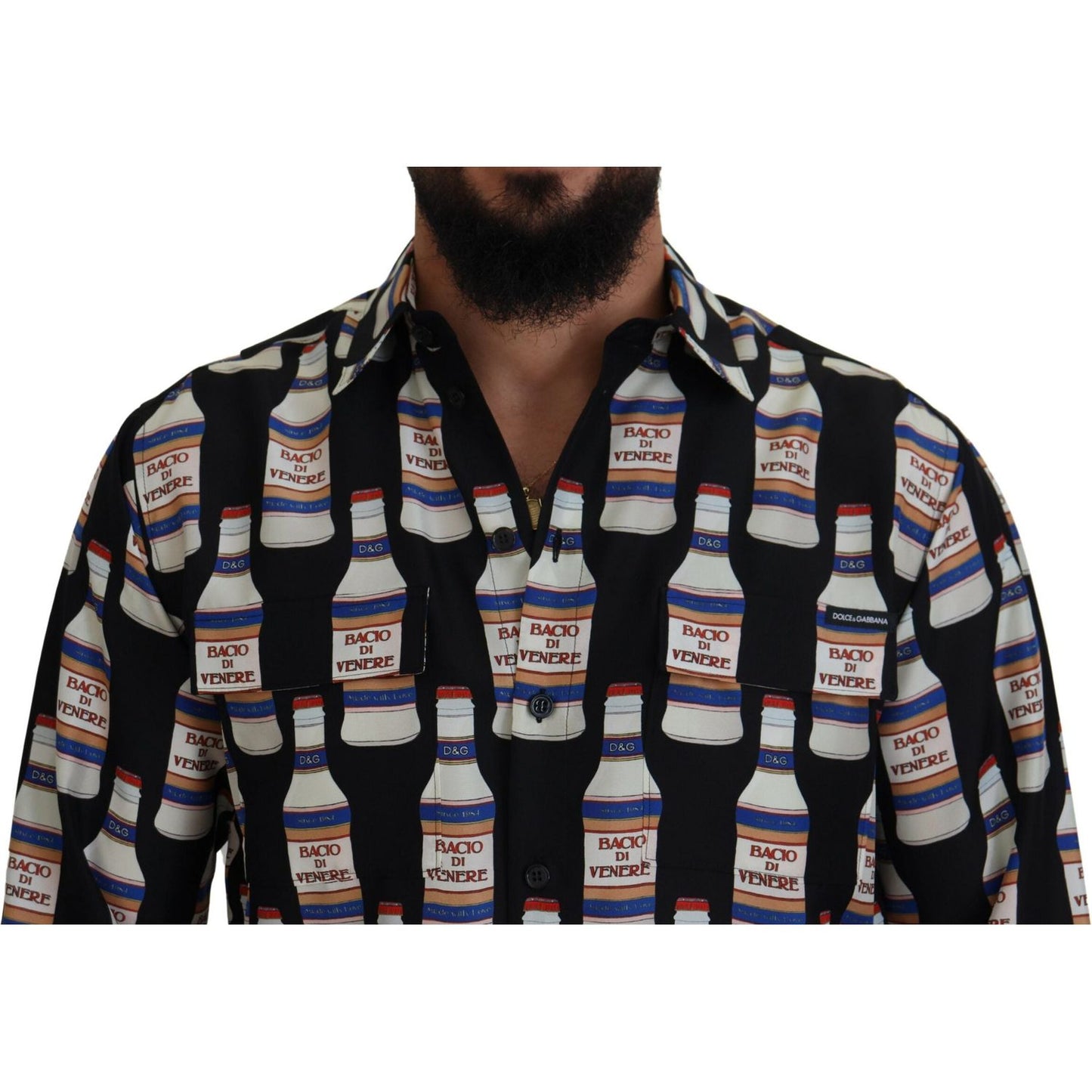 Dolce & Gabbana Black Silk Printed Collared Men Casual Shirt