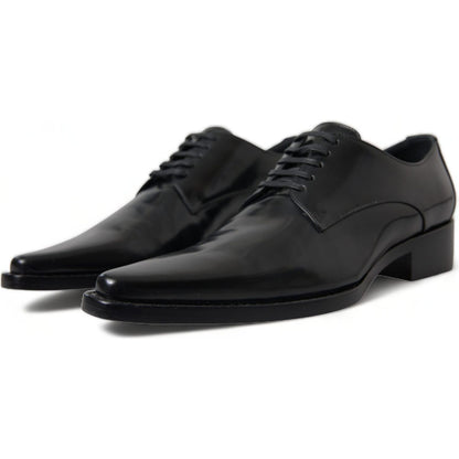 Dolce & Gabbana Black Leather Lace Up Formal Flats Shoes