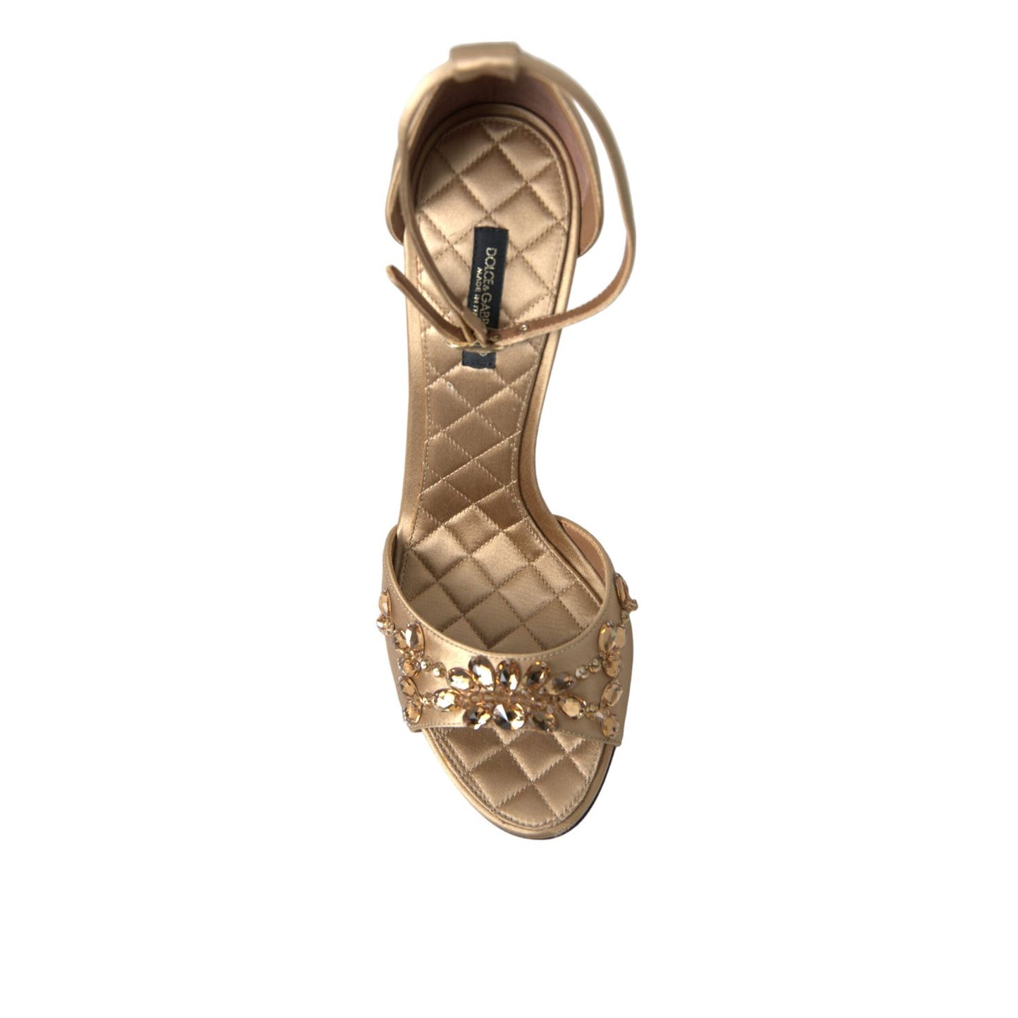 Dolce & Gabbana Gold Satin Ankle Strap Crystal Sandals Shoes