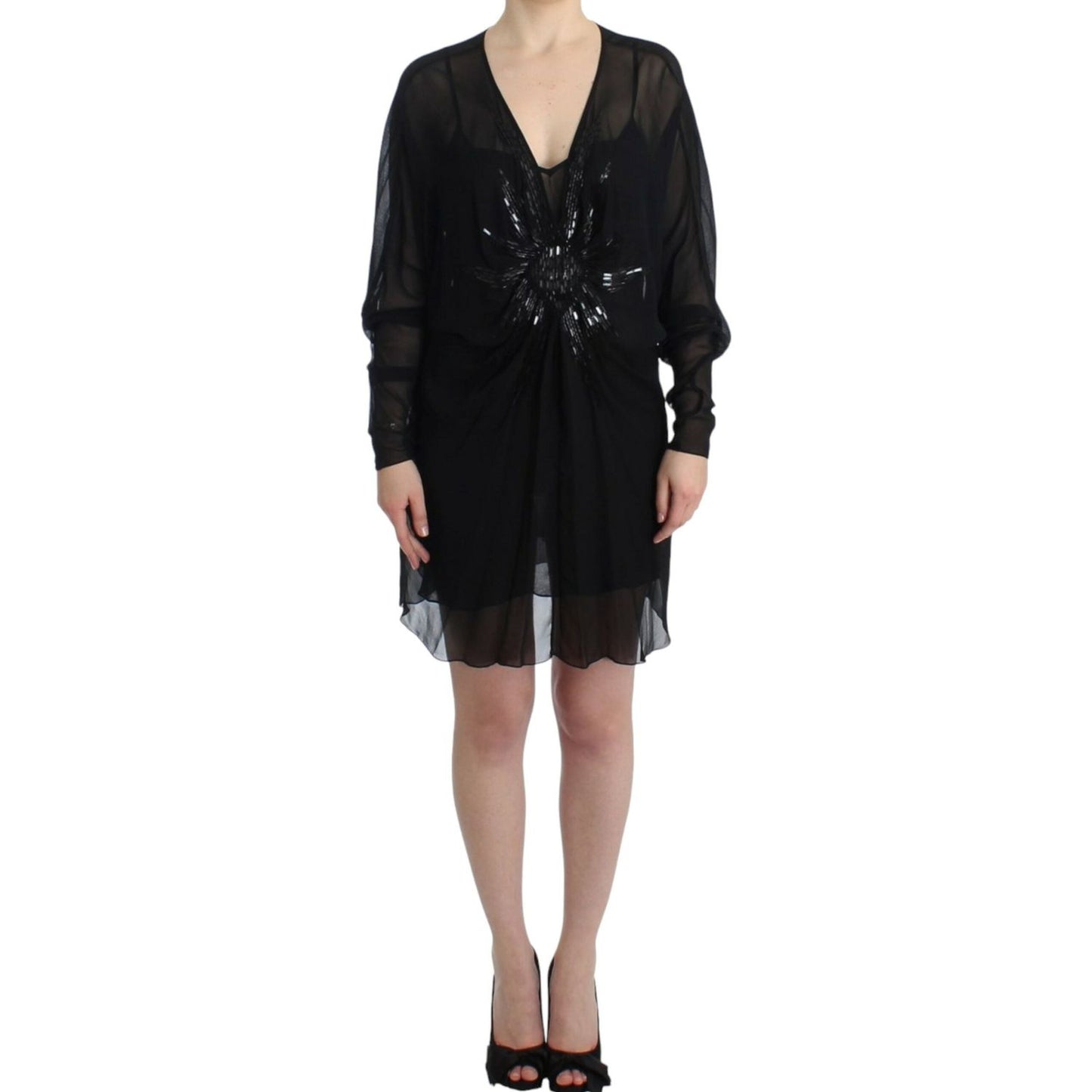 Cavalli Elegant Sheer Black Silk Blouson Dress Cavalli