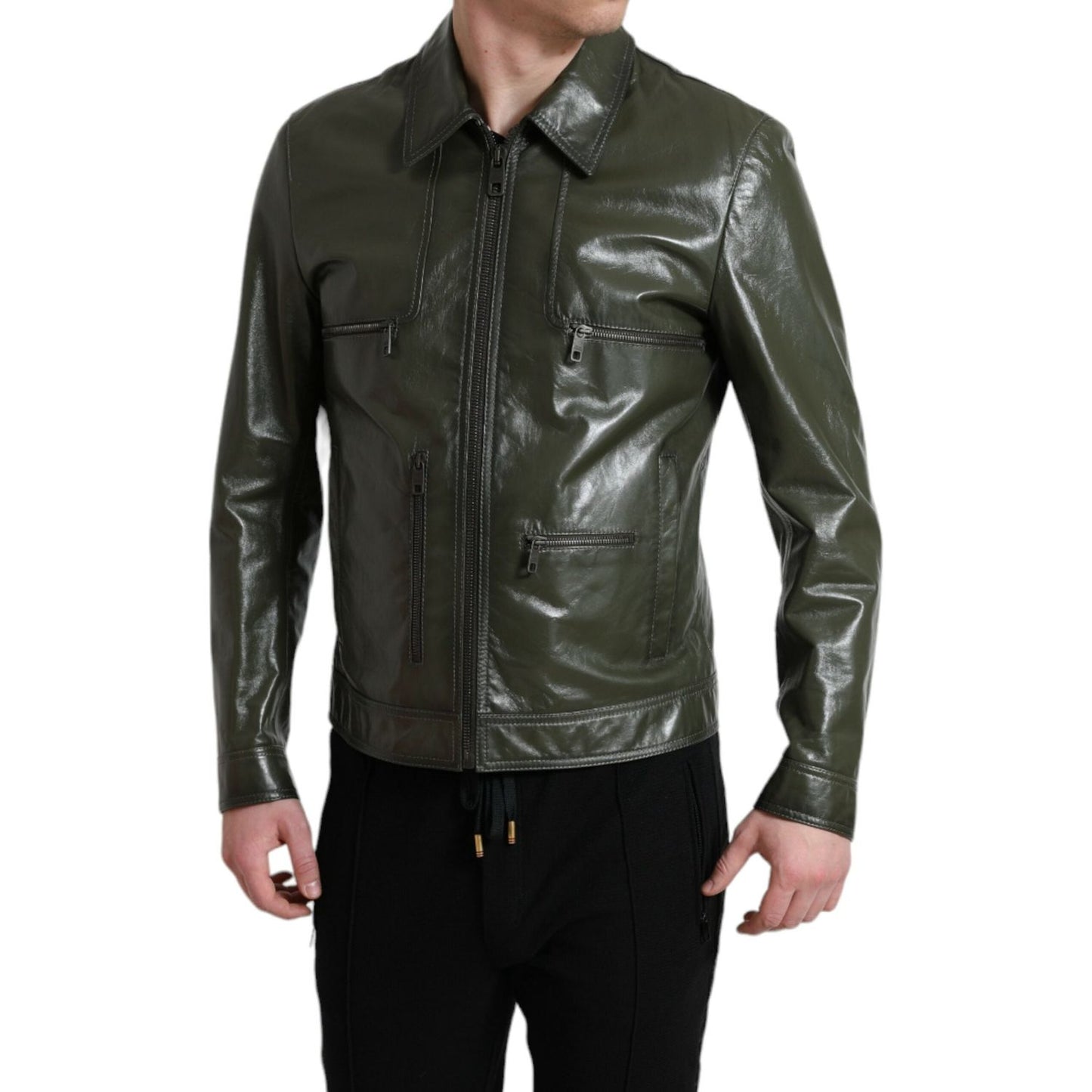 Dolce & Gabbana Emerald Elegance Leather Biker Jacket Dolce & Gabbana