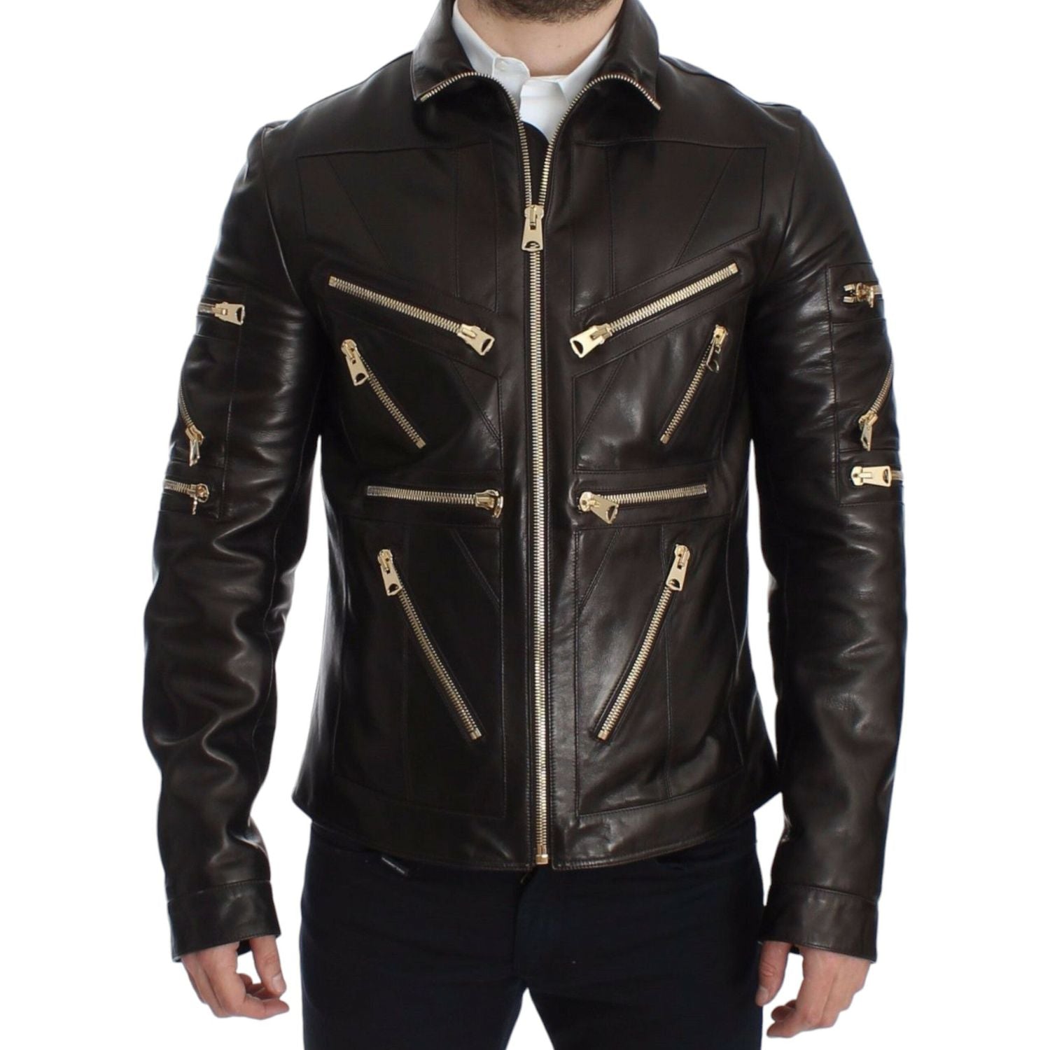 Dolce & Gabbana Brown Lambskin Leather Zipper Jacket