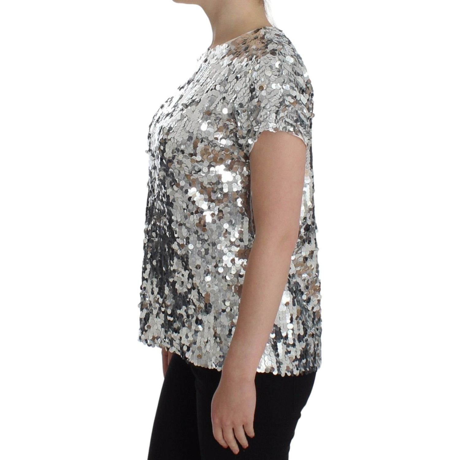 Dolce & Gabbana Silver Sequined Crewneck Blouse T-shirt Top