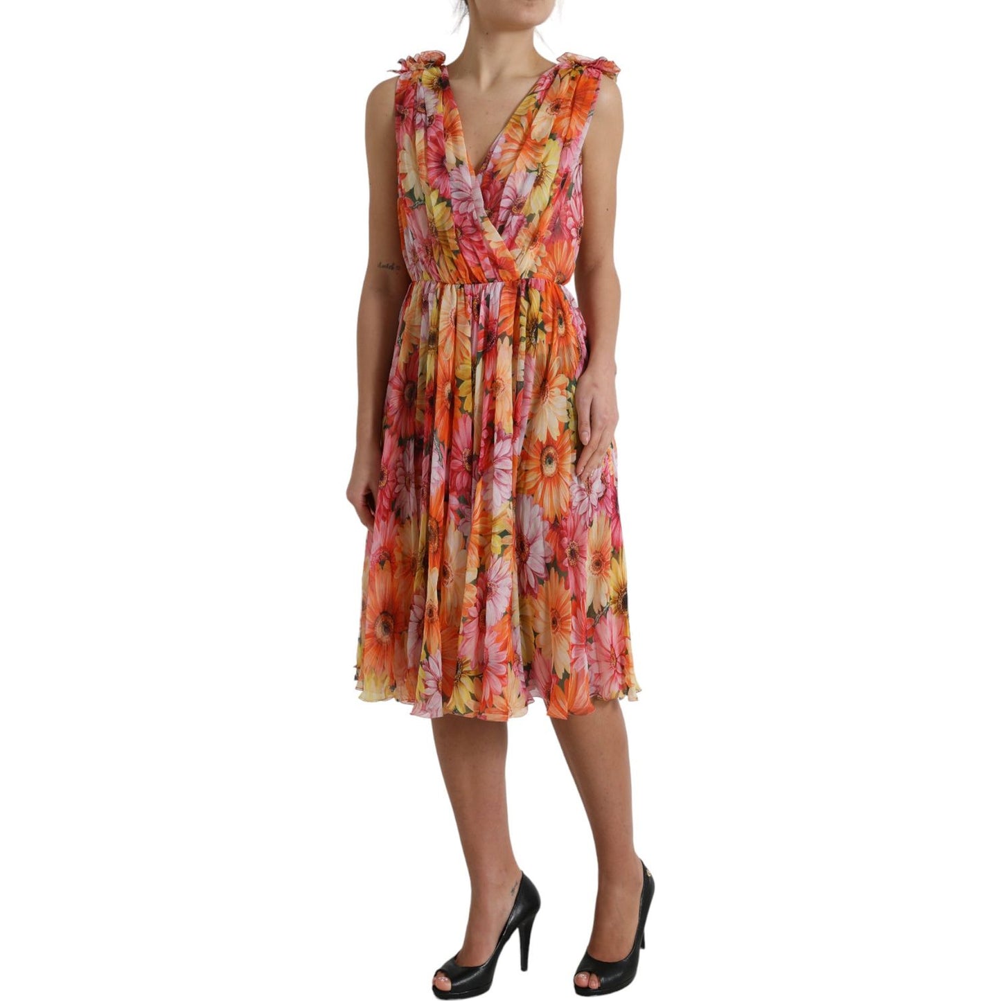 Dolce & Gabbana Elegant Floral Silk Midi Dress with V-Neck Dolce & Gabbana