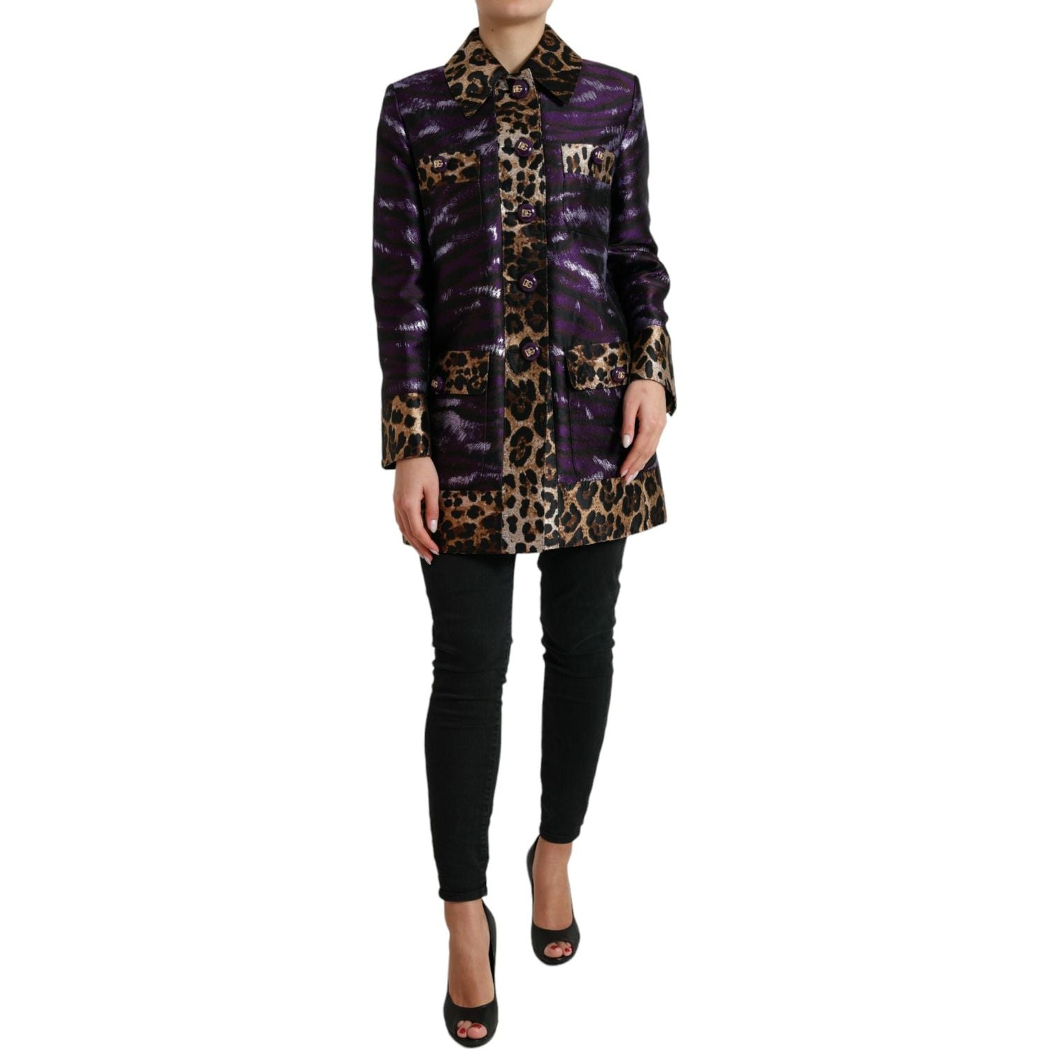 Dolce & Gabbana Purple Lamé Jacquard Tiger Print Coat Jacket