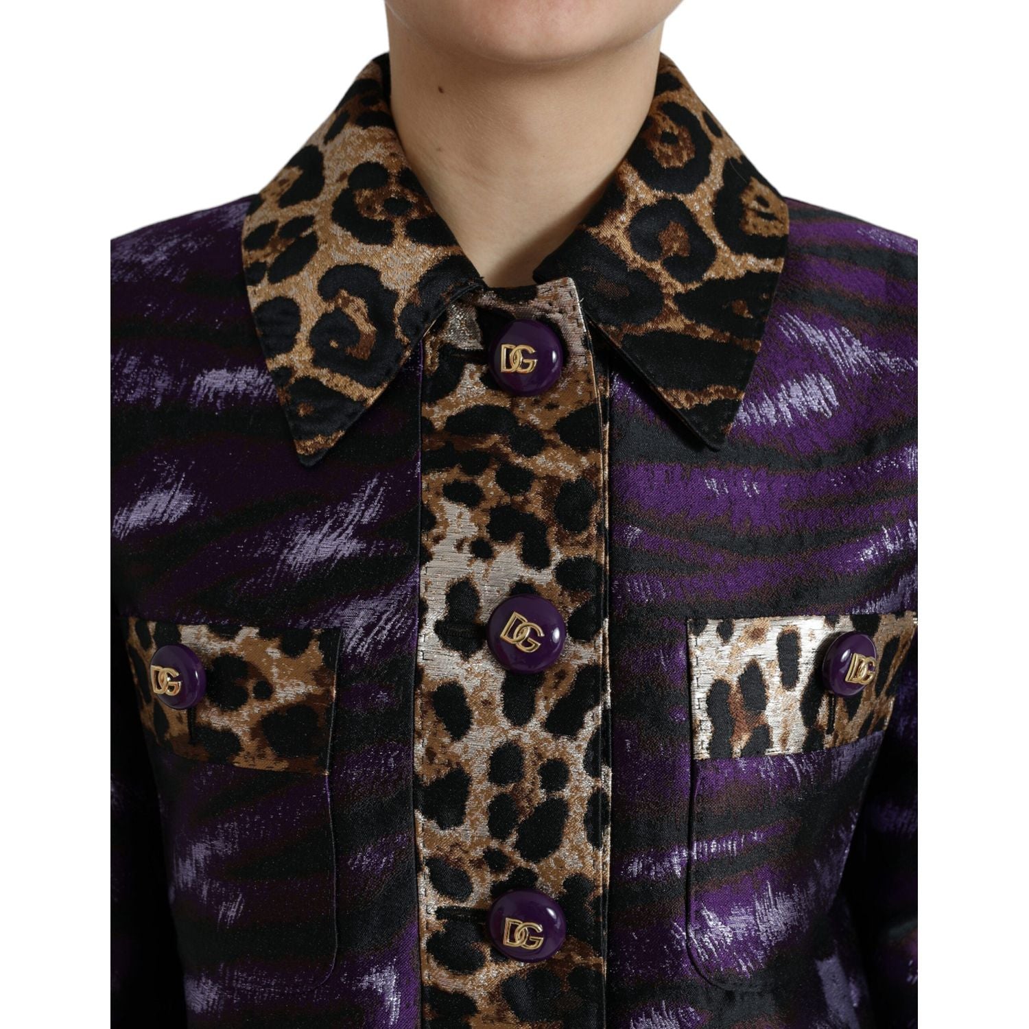 Dolce & Gabbana Purple Lamé Jacquard Tiger Print Coat Jacket