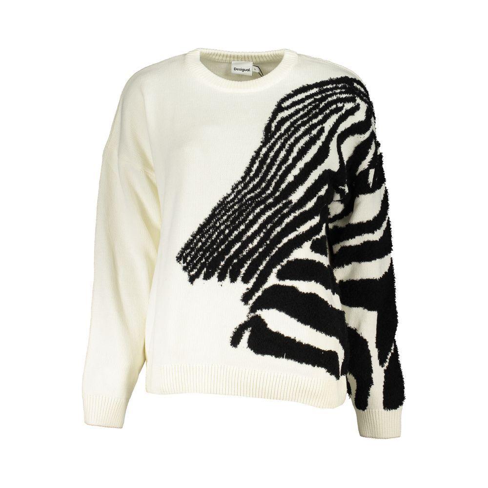 Desigual Chic Contrast Crew Neck Sweater in White Desigual