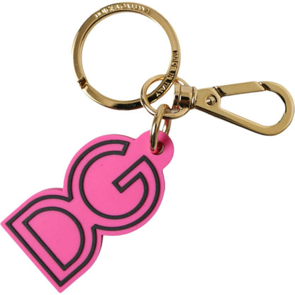 Dolce & Gabbana Pink Rubber Gold Tone Metal DG Logo Keyring Keychain