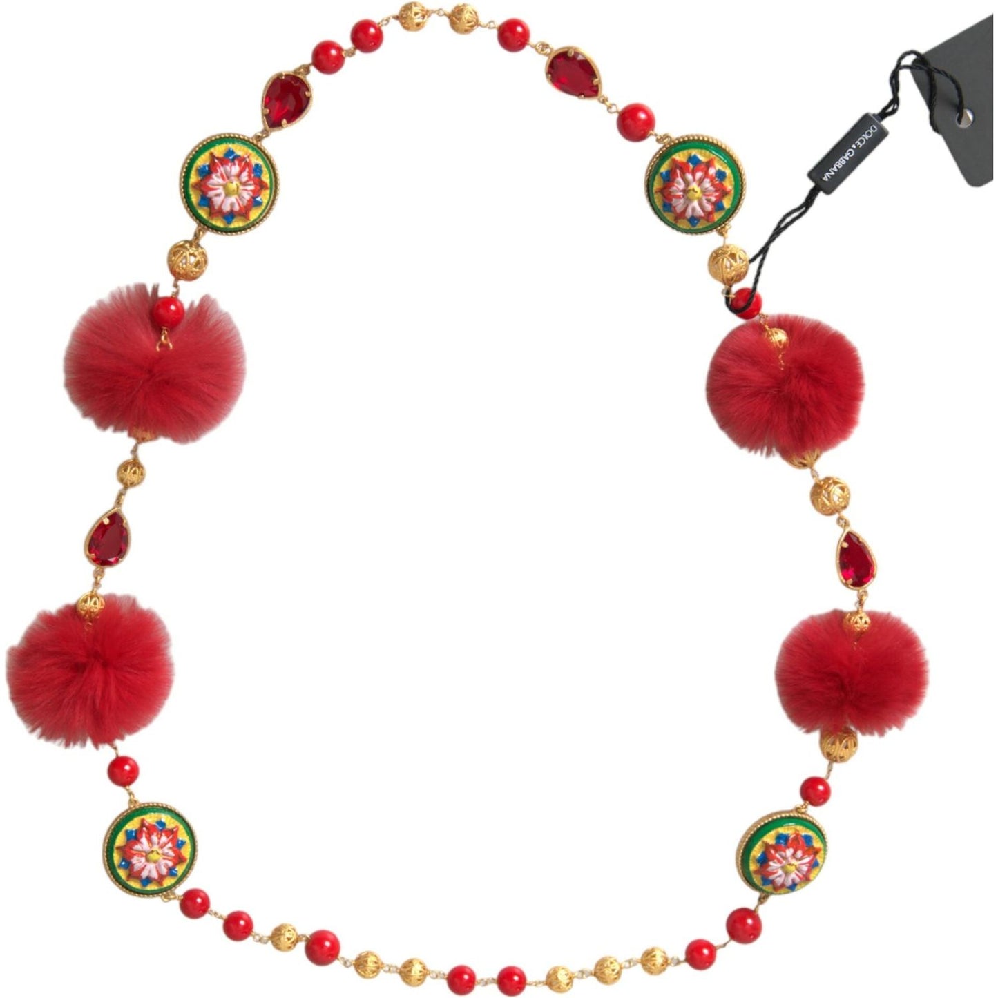 Dolce & Gabbana Gold Brass Red Fur Crystal Carretto Chain Necklace Necklace Dolce & Gabbana