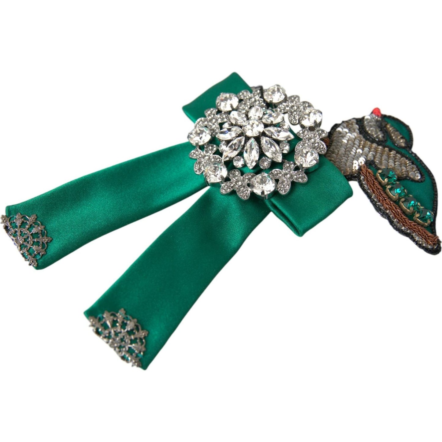 Dolce & Gabbana Green Satin Bird Crystal Women Hair Clip Dolce & Gabbana