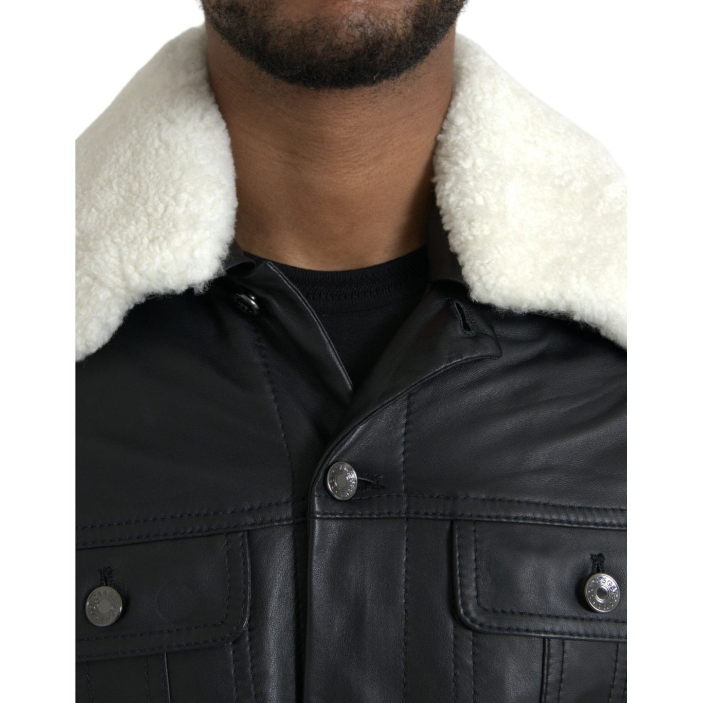 Dolce & Gabbana Black Leather Fur Collar Biker Coat Jacket Dolce & Gabbana