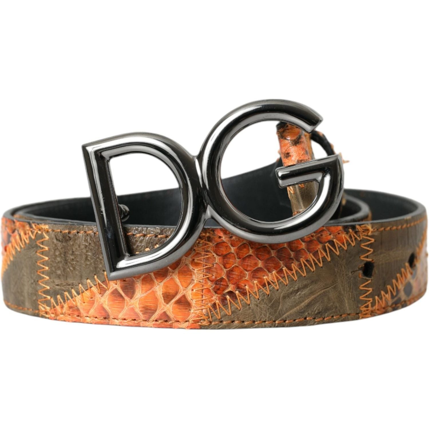 Dolce & Gabbana Patchwork Python Leather Logo Buckle Belt Men