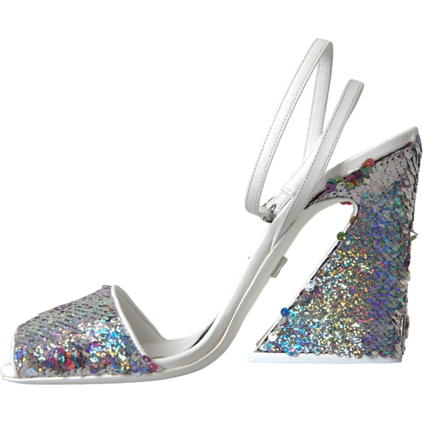 Dolce & Gabbana White Silver Sequin Ankle Strap Sandals Shoes Dolce & Gabbana