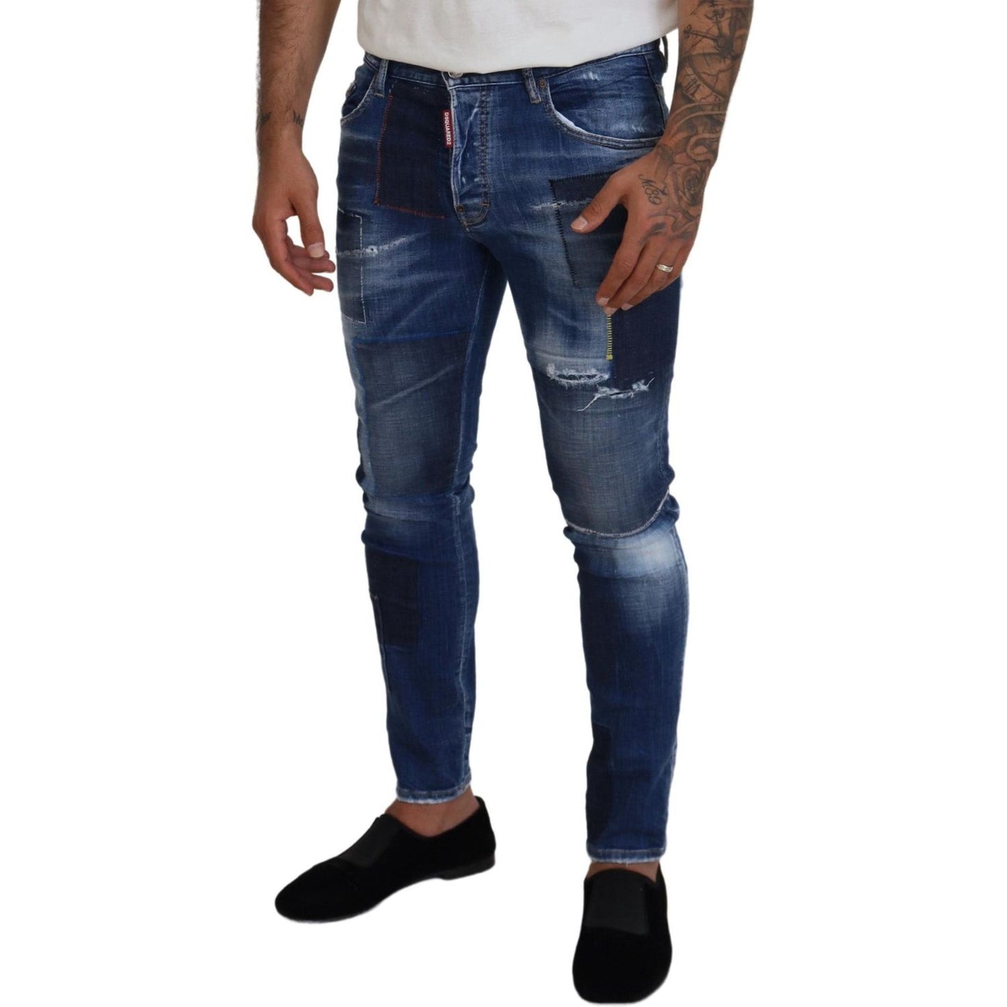 Dsquared² Blue Washed Patchwork Skinny Men Denim Jeans Dsquared²