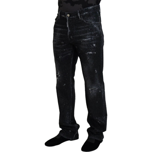 Dsquared² Black Crystal Embellished Tattered Denim Jeans Dsquared²