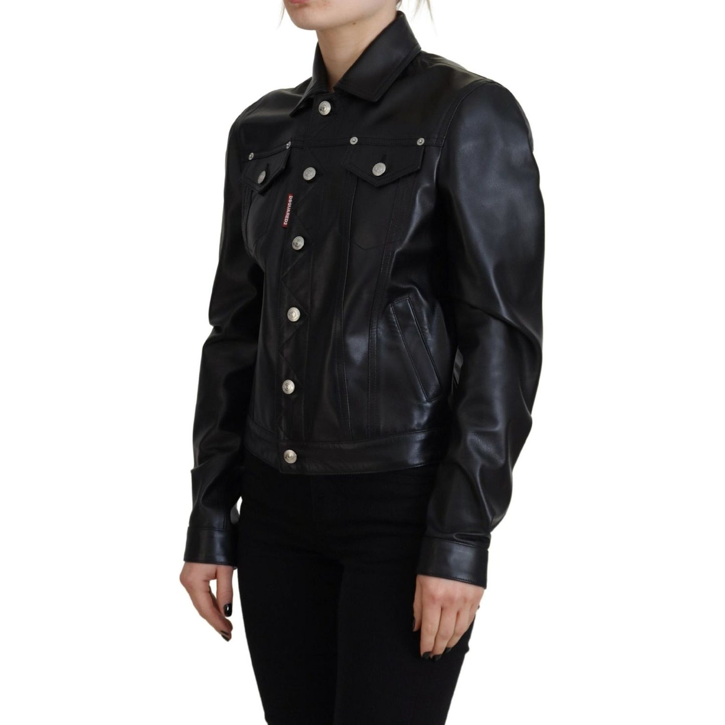 Dsquared² Black Leather Collared Long Sleeves Jacket Dsquared²