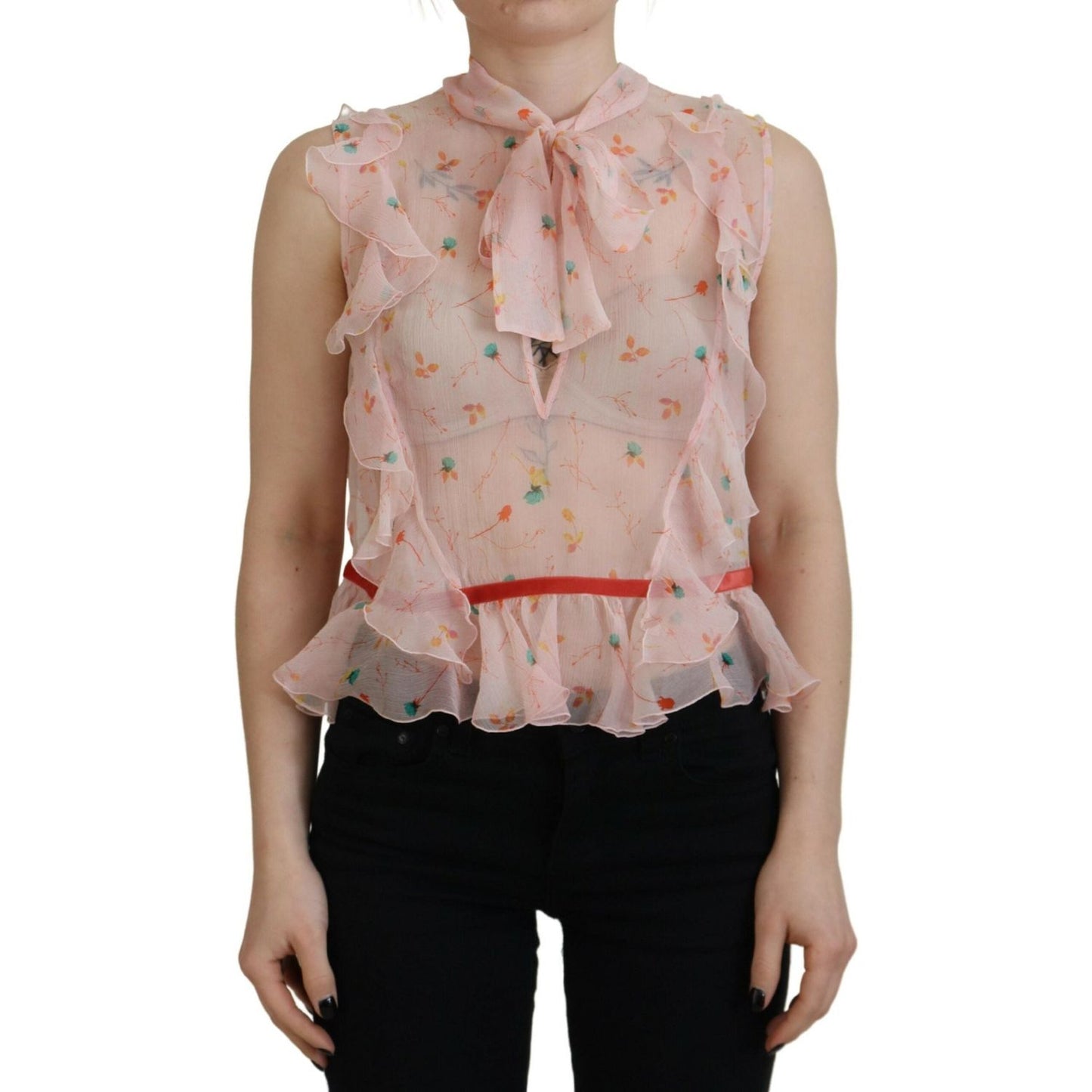 Dsquared² Pink Floral Print Silk Sleeveless Ascot Collar Top Dsquared²