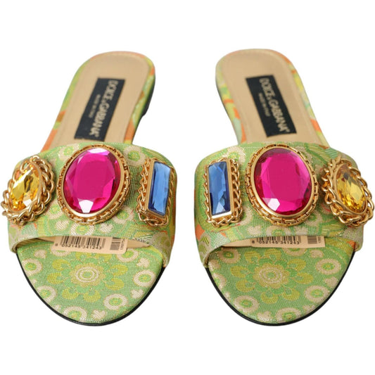 Dolce & Gabbana Green Crystal Jacquard Flats Sandals Shoes Dolce & Gabbana