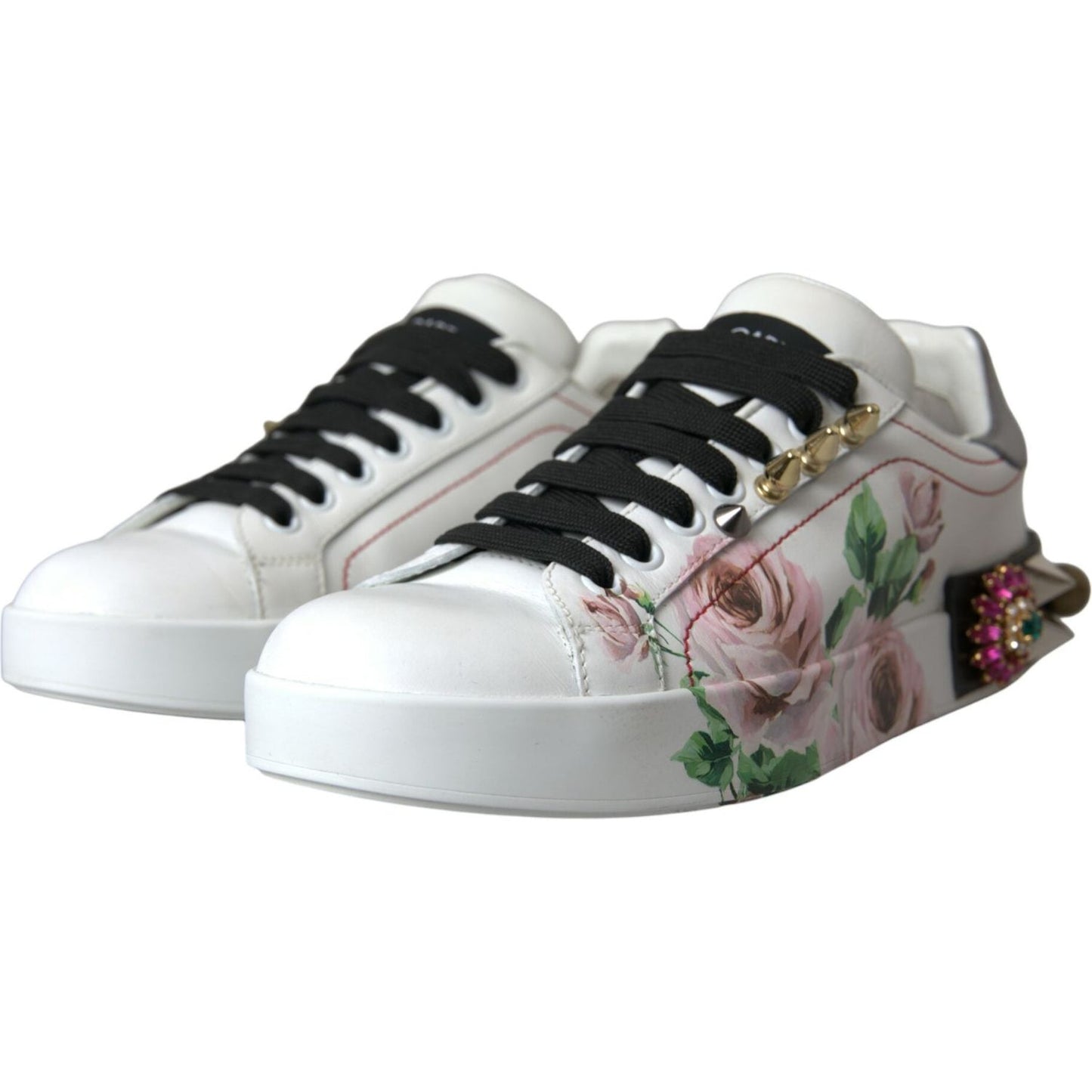 Dolce & Gabbana White Leather Crystal Roses Floral Sneakers Shoes Dolce & Gabbana