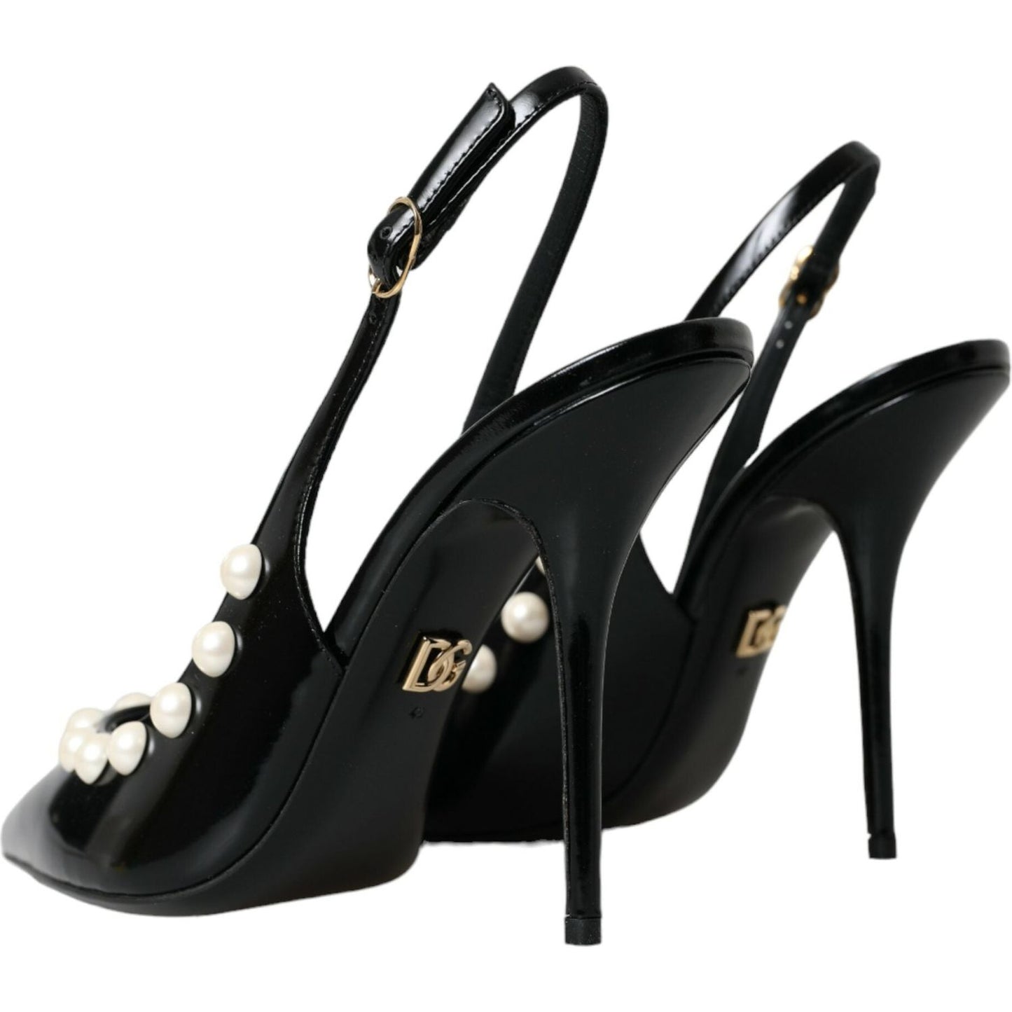 Dolce & Gabbana Black Leather Faux Pearl Heel Slingback Shoes Dolce & Gabbana