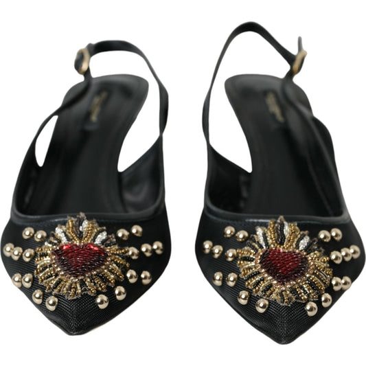 Dolce & Gabbana Black Mesh Embellished Heel Slingbacks Shoes Dolce & Gabbana