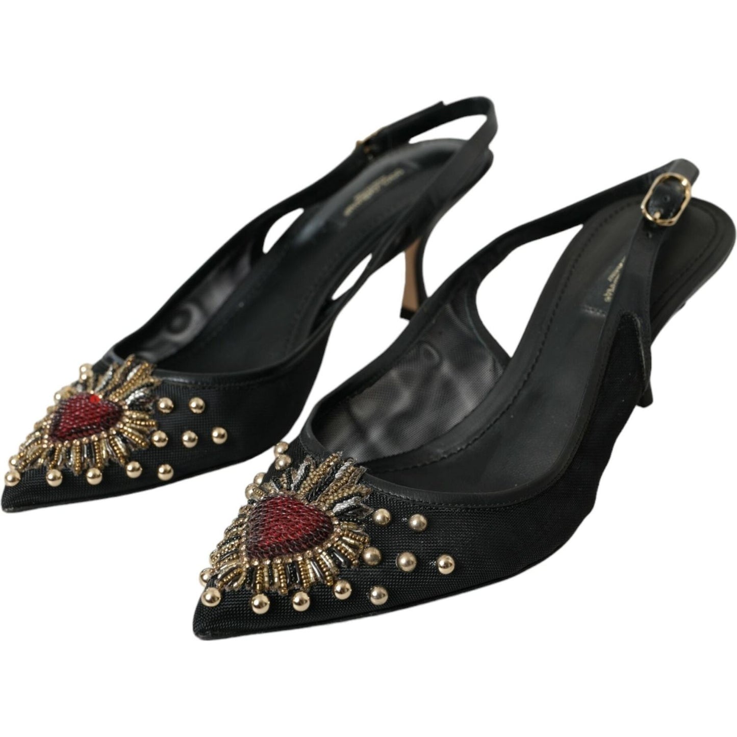 Dolce & Gabbana Black Mesh Embellished Heel Slingbacks Shoes Dolce & Gabbana