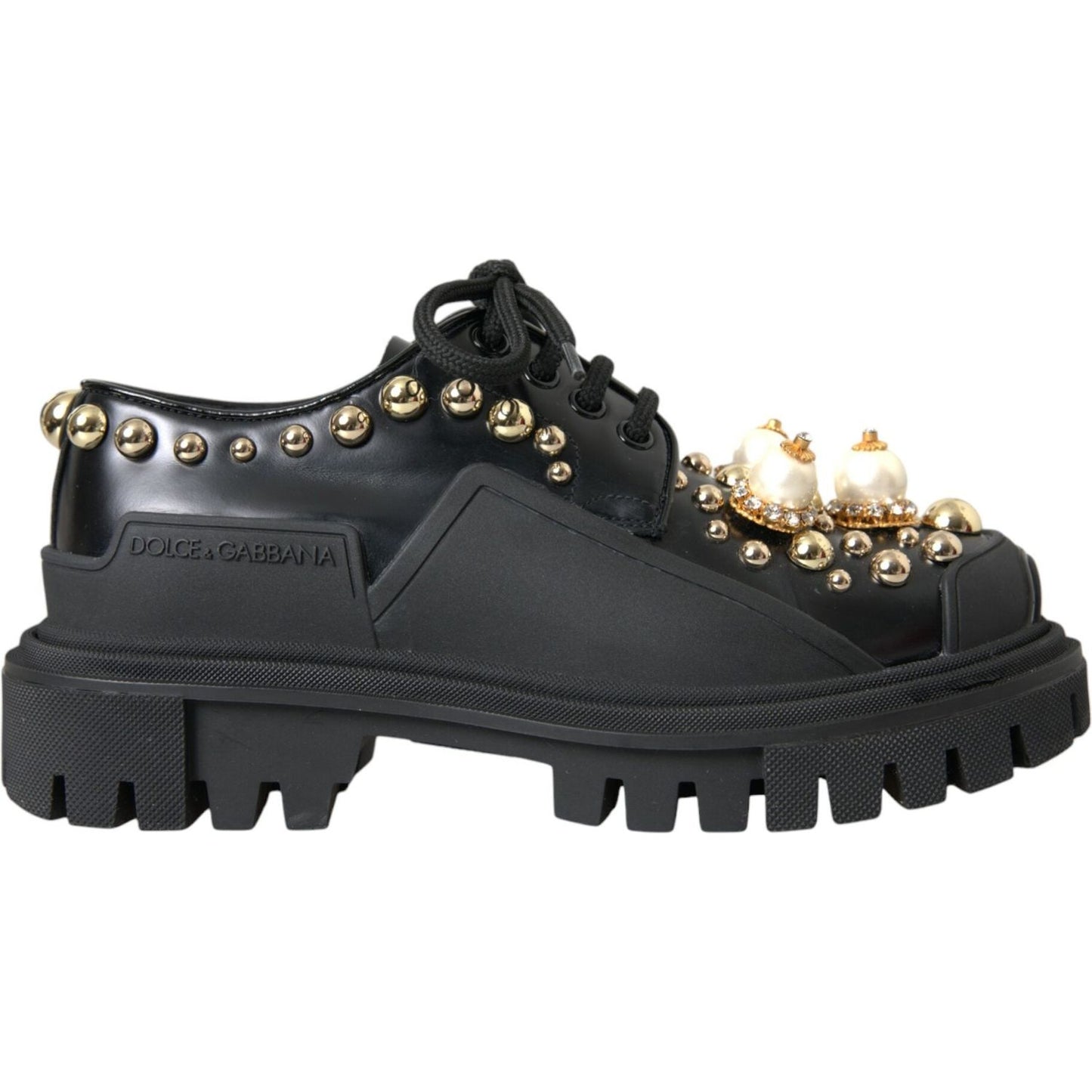 Dolce & Gabbana Black Leather Trekking Derby Embellished Shoes Dolce & Gabbana