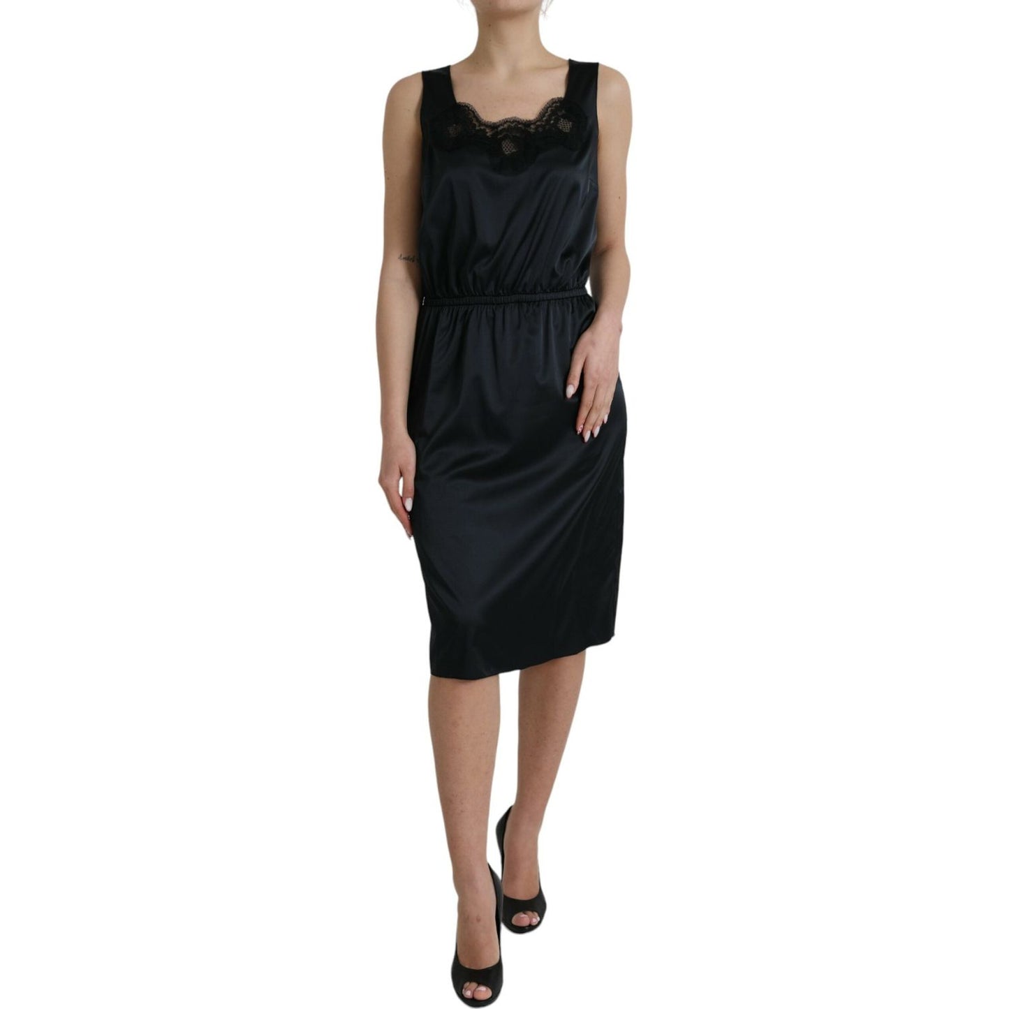 Dolce & Gabbana Black Polyester Lace Trim Sheath Midi Dress Dolce & Gabbana