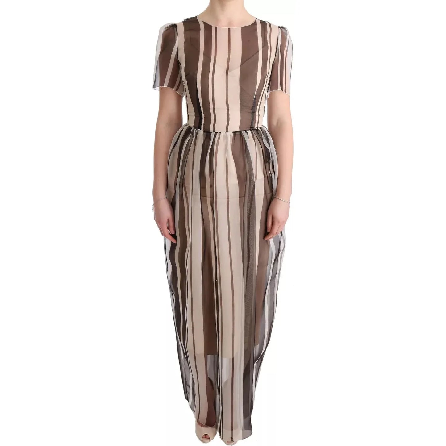 Dolce & Gabbana Beige Brown Striped Silk Sheath Dress Dolce & Gabbana