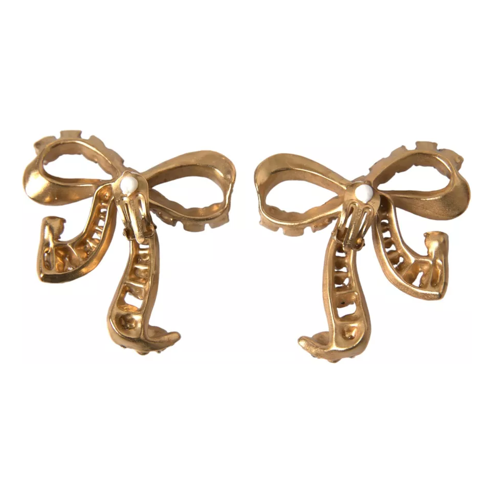 Dolce & Gabbana Gold Brass Pink Clear Crystal Bow Fiocchi Christmas Earrings Dolce & Gabbana