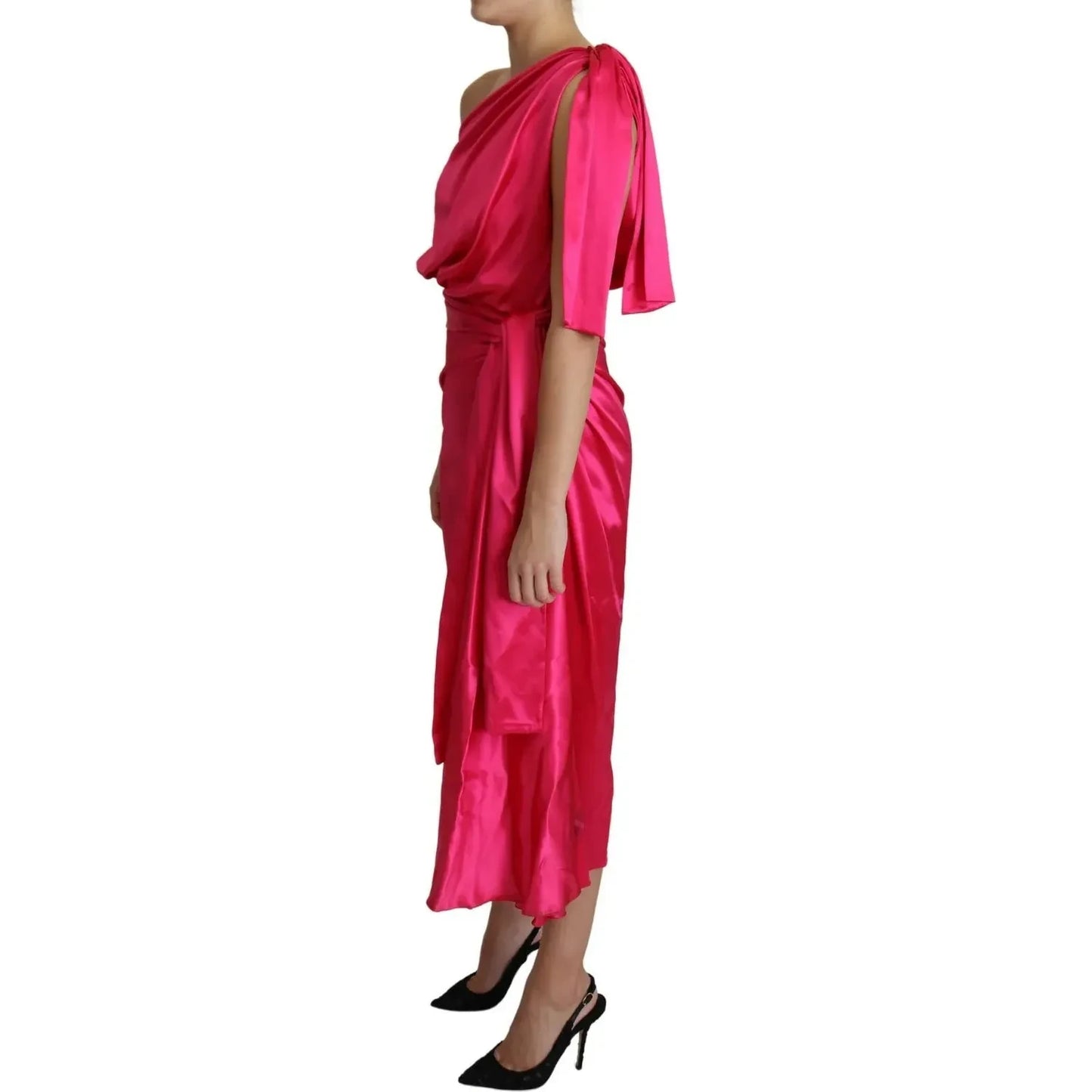 Dolce & Gabbana Fuchsia Fitted Cut One Shoulder Midi Dress Dolce & Gabbana