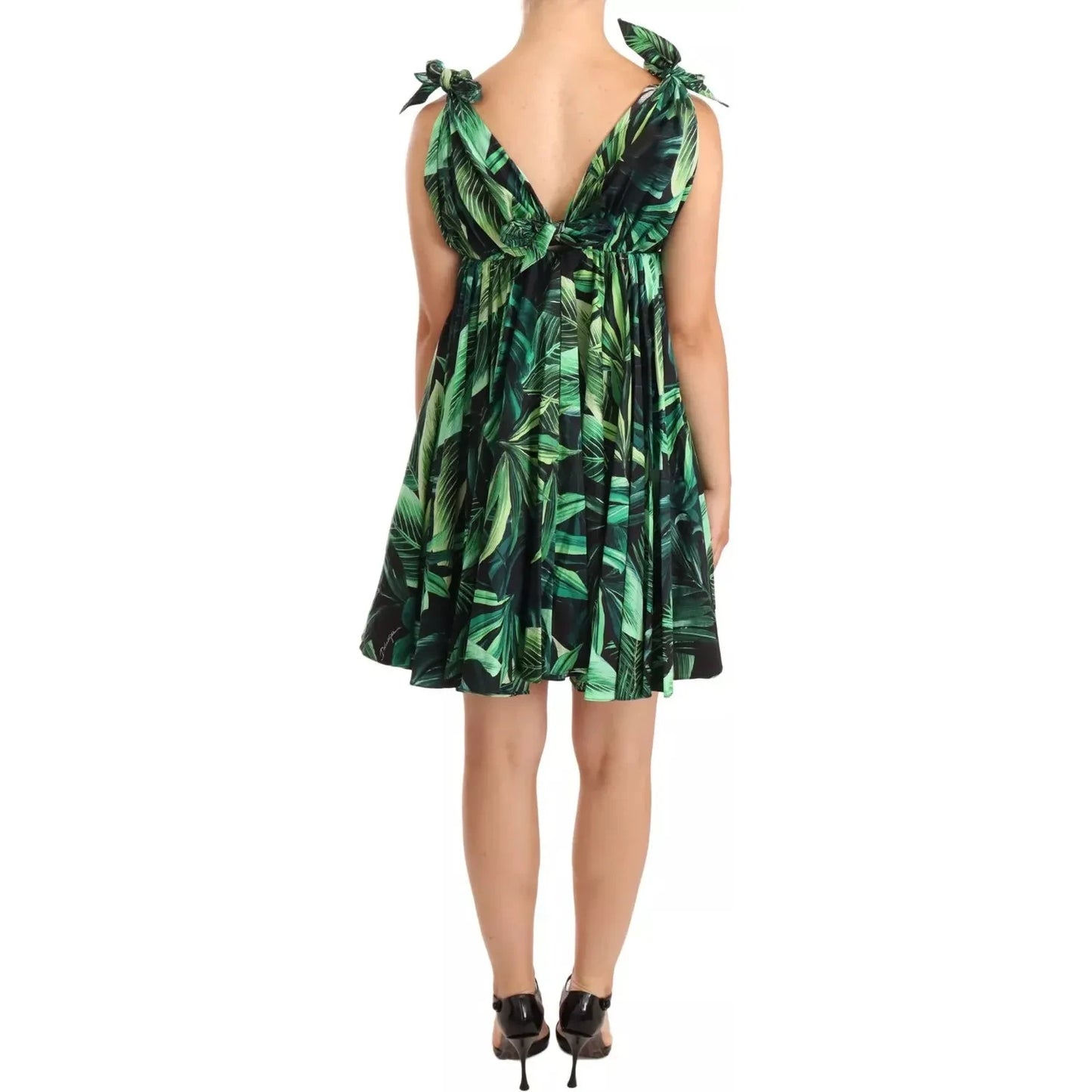 Dolce & Gabbana Green Leaves Print Cotton Flared Mini Dress Dolce & Gabbana