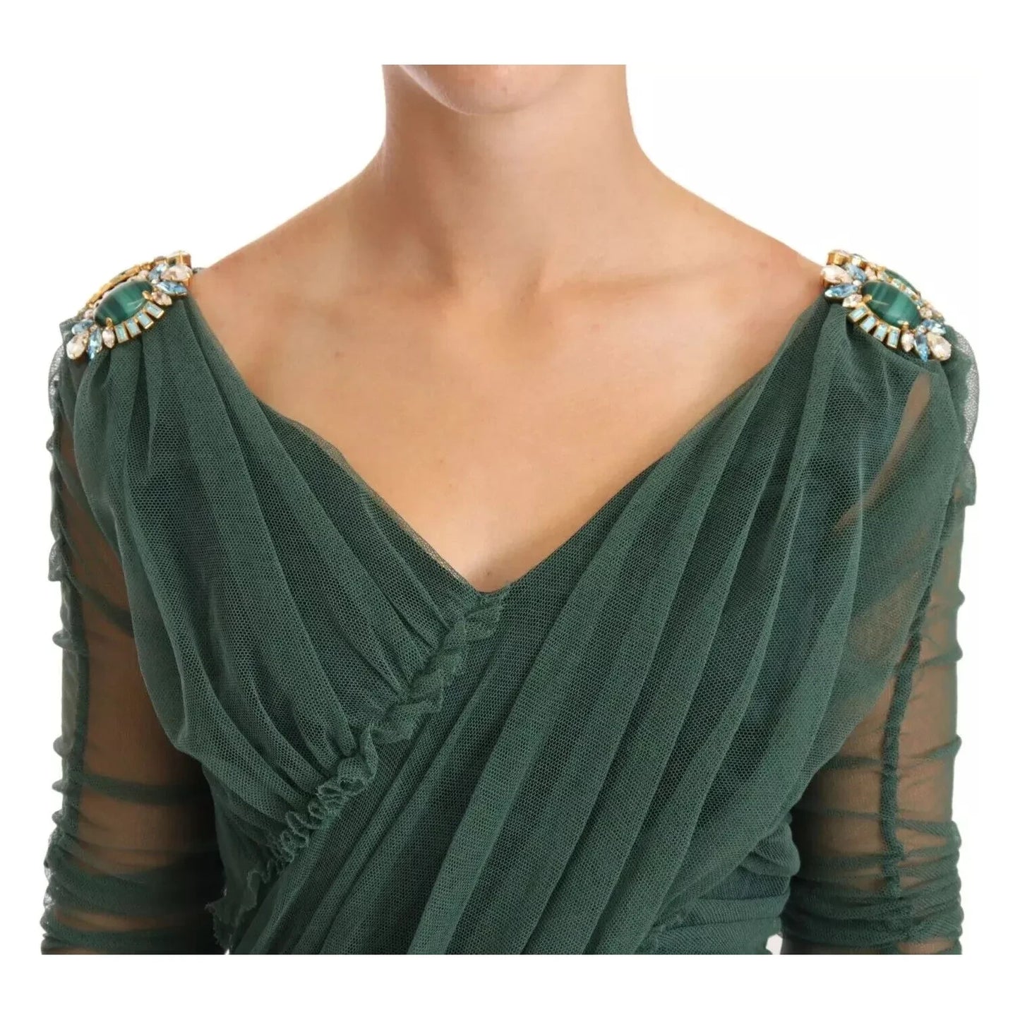 Dolce & Gabbana Green Ruched Stretch Tulle Crystal Midi Dress Dolce & Gabbana