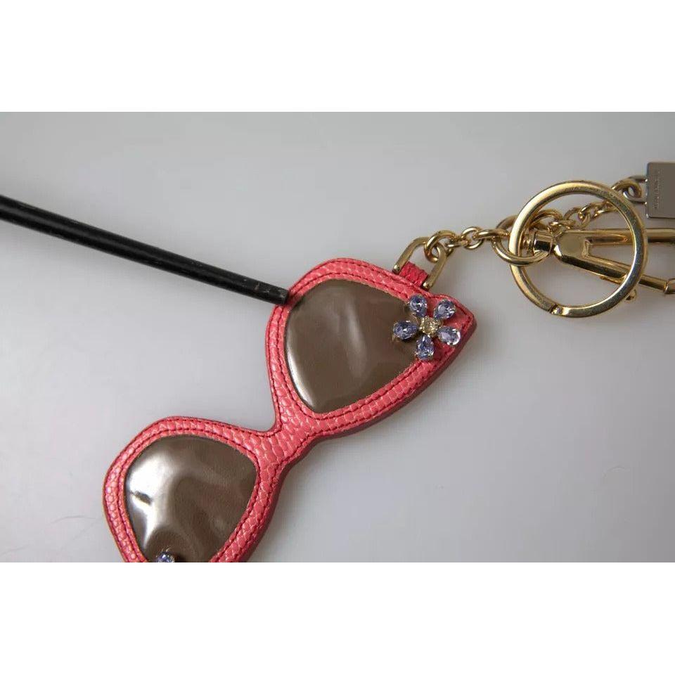 Dolce & Gabbana Red Leather Crystal Sunglasses Gold Metal Keyring Keychain Dolce & Gabbana