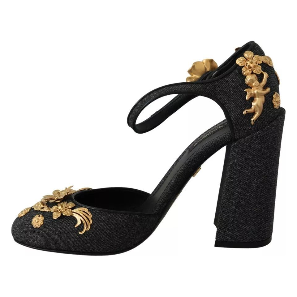 Dolce & Gabbana Black Floral Angel Applique Ankle Strap Pumps Shoes Dolce & Gabbana