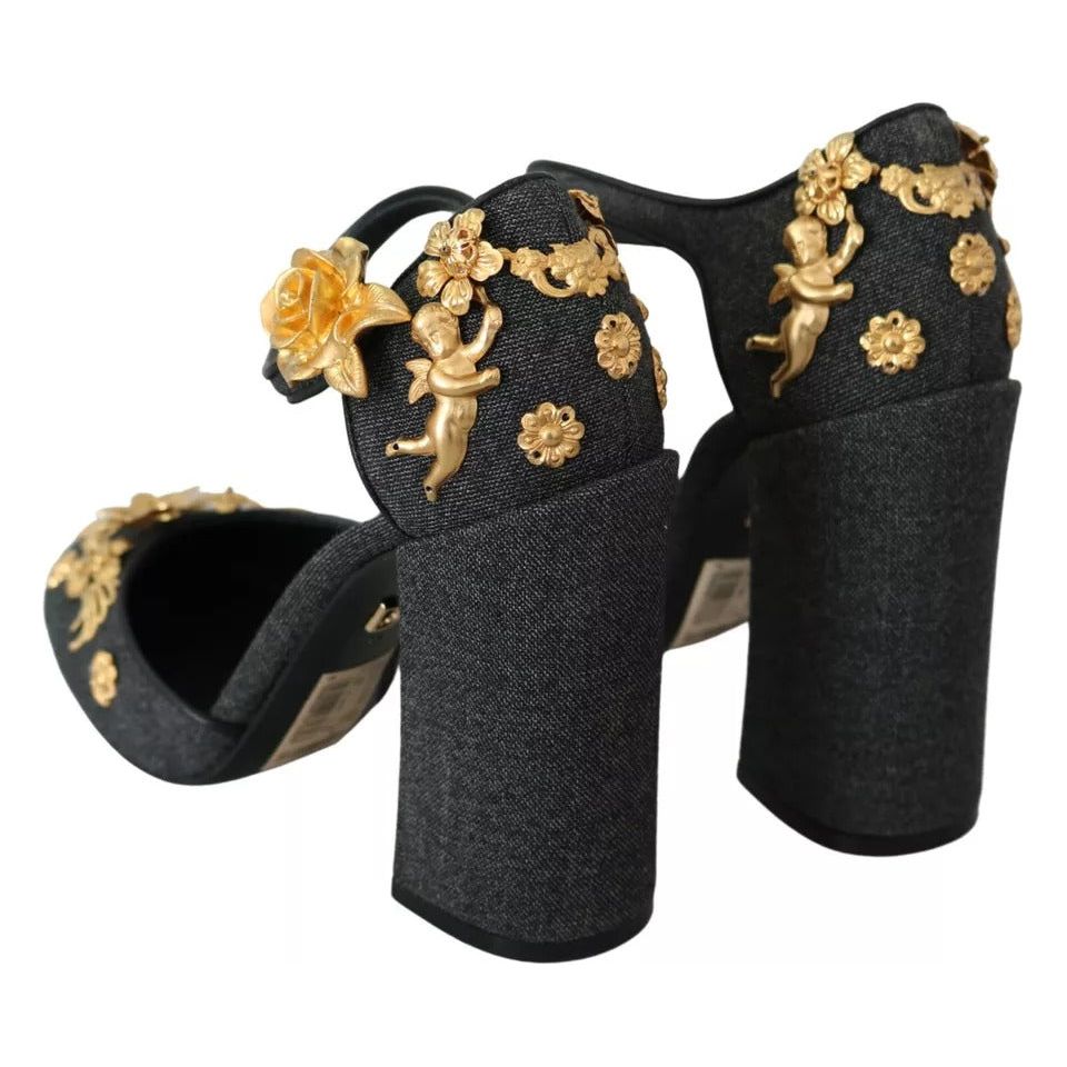 Dolce & Gabbana Black Floral Angel Applique Ankle Strap Pumps Shoes Dolce & Gabbana