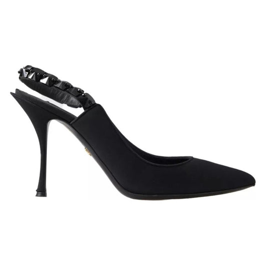 Dolce & Gabbana Black Embellished Charmeuse Slingback Heels Shoes Dolce & Gabbana