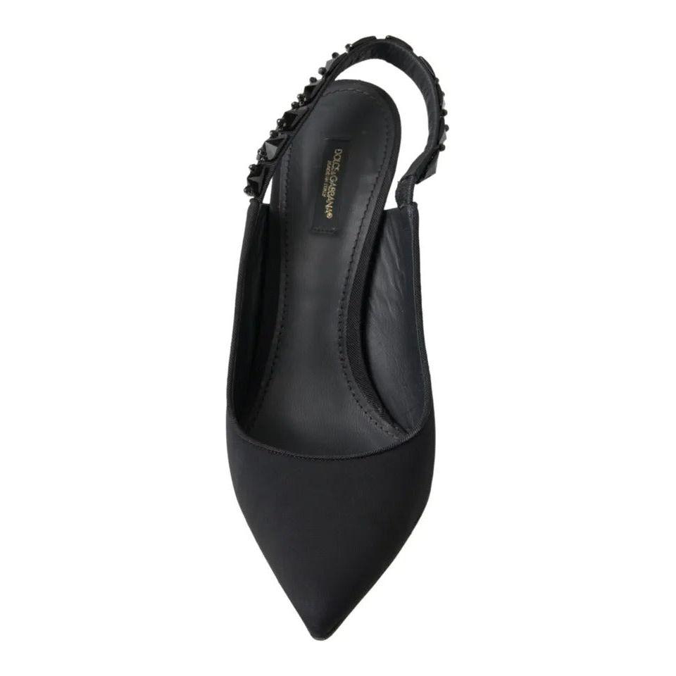 Dolce & Gabbana Black Embellished Charmeuse Slingback Heels Shoes Dolce & Gabbana