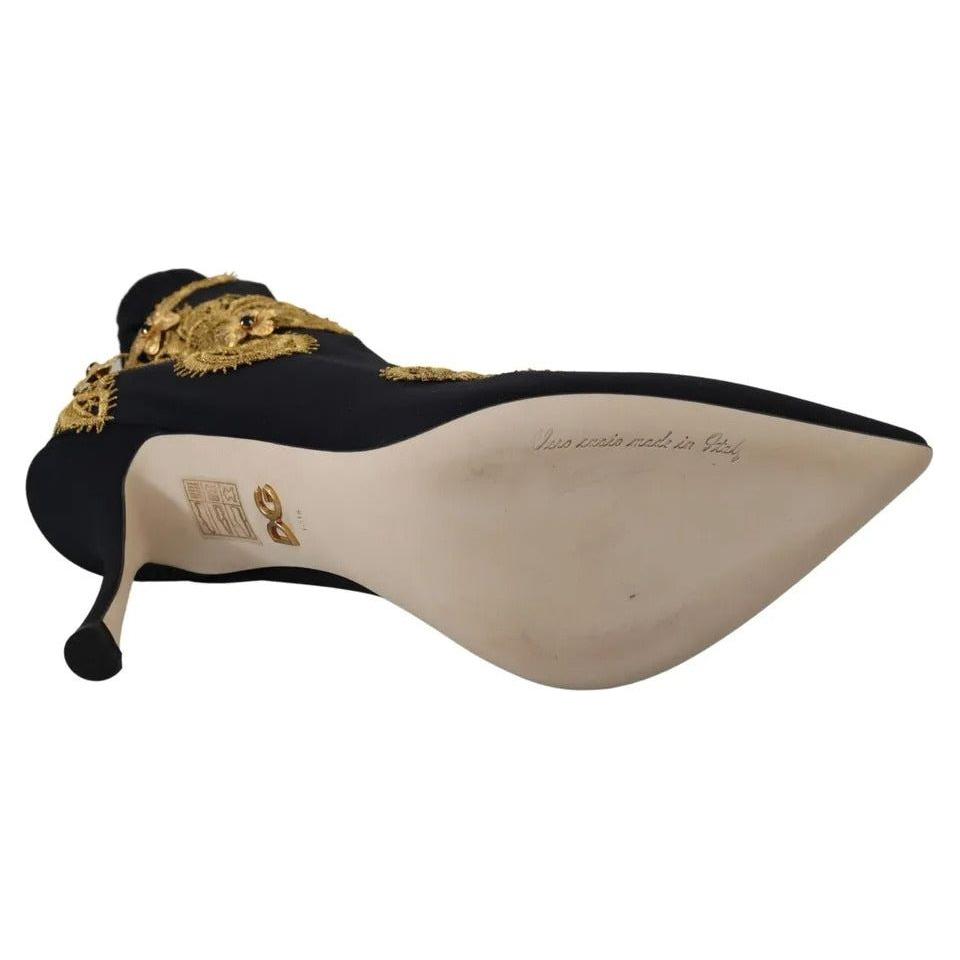 Dolce & Gabbana Black Gold Embroidery Slip On Boots Shoes Dolce & Gabbana