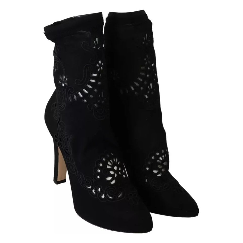 Dolce & Gabbana Black Stretch Pumps Boots Floral Lace Shoes Dolce & Gabbana