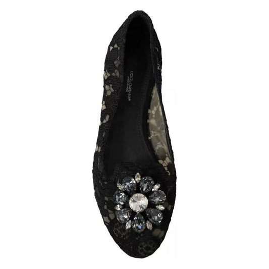 Dolce & Gabbana Black Taormina Lace Crystals Flats Shoes Dolce & Gabbana