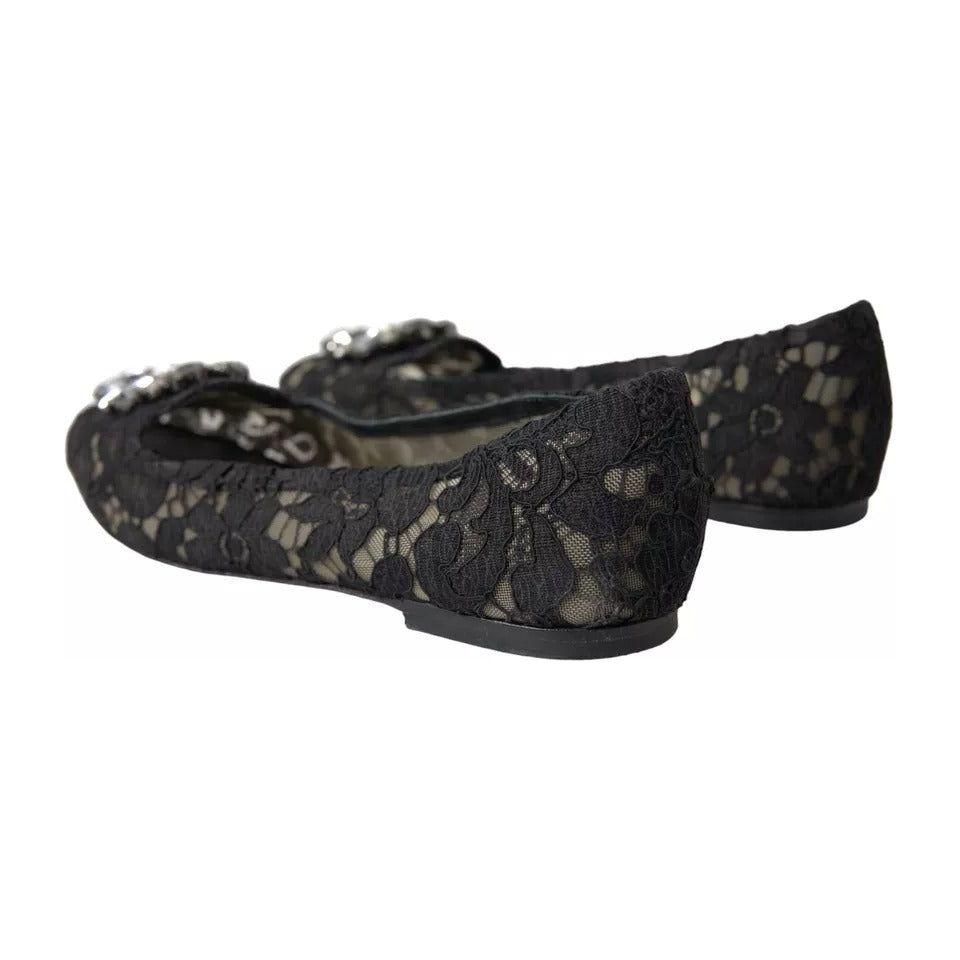 Dolce & Gabbana Black Taormina Lace Crystals Flats Shoes Dolce & Gabbana