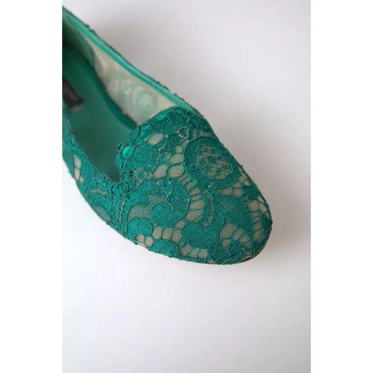 Dolce & Gabbana Green Floral Lace Loafers Flats Shoes Dolce & Gabbana