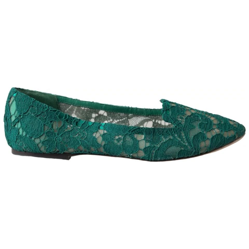 Dolce & Gabbana Green Floral Lace Loafers Flats Shoes Dolce & Gabbana