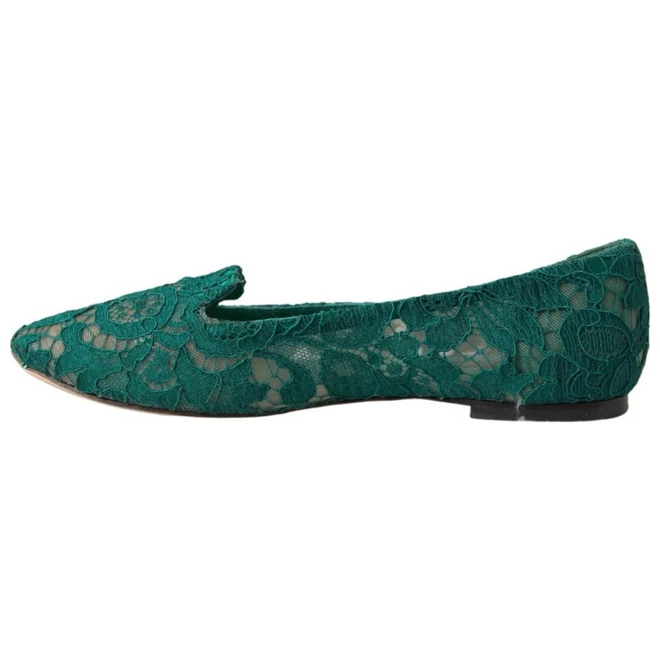 Dolce & Gabbana Green Floral Lace Loafers Flats Shoes Dolce & Gabbana